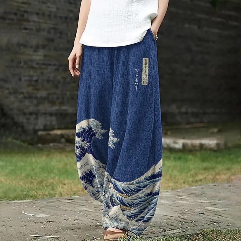 Women’s Japanese art wide leg casual silky drawstring pants